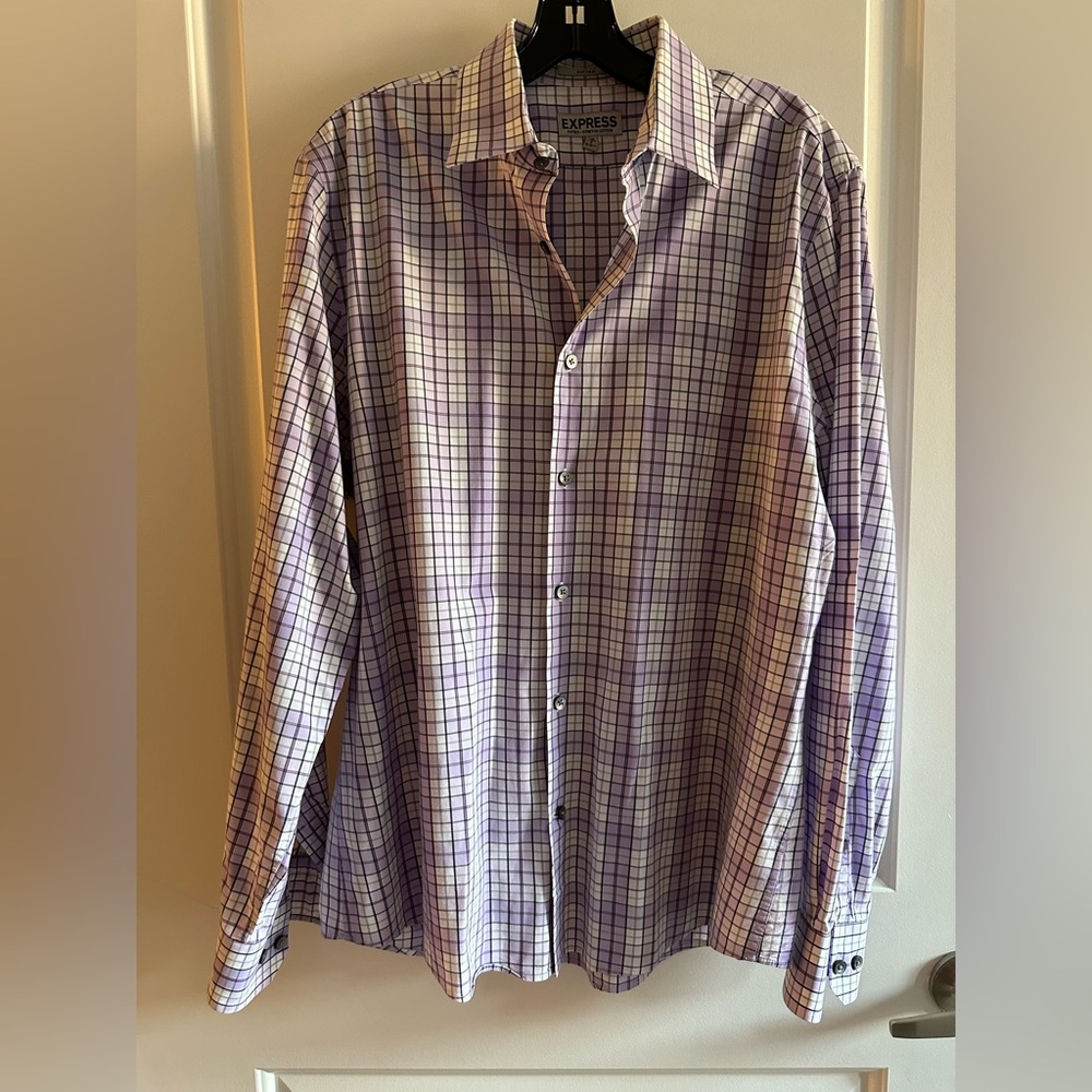 Express L Fitted Stretch Cotton Purple Plaid Button-Down Dress Shirt